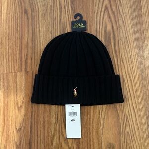 Polo Ralph Lauren Men's Pony Black Wool Blend Beanie Cuff rib-knit Hat, One Size